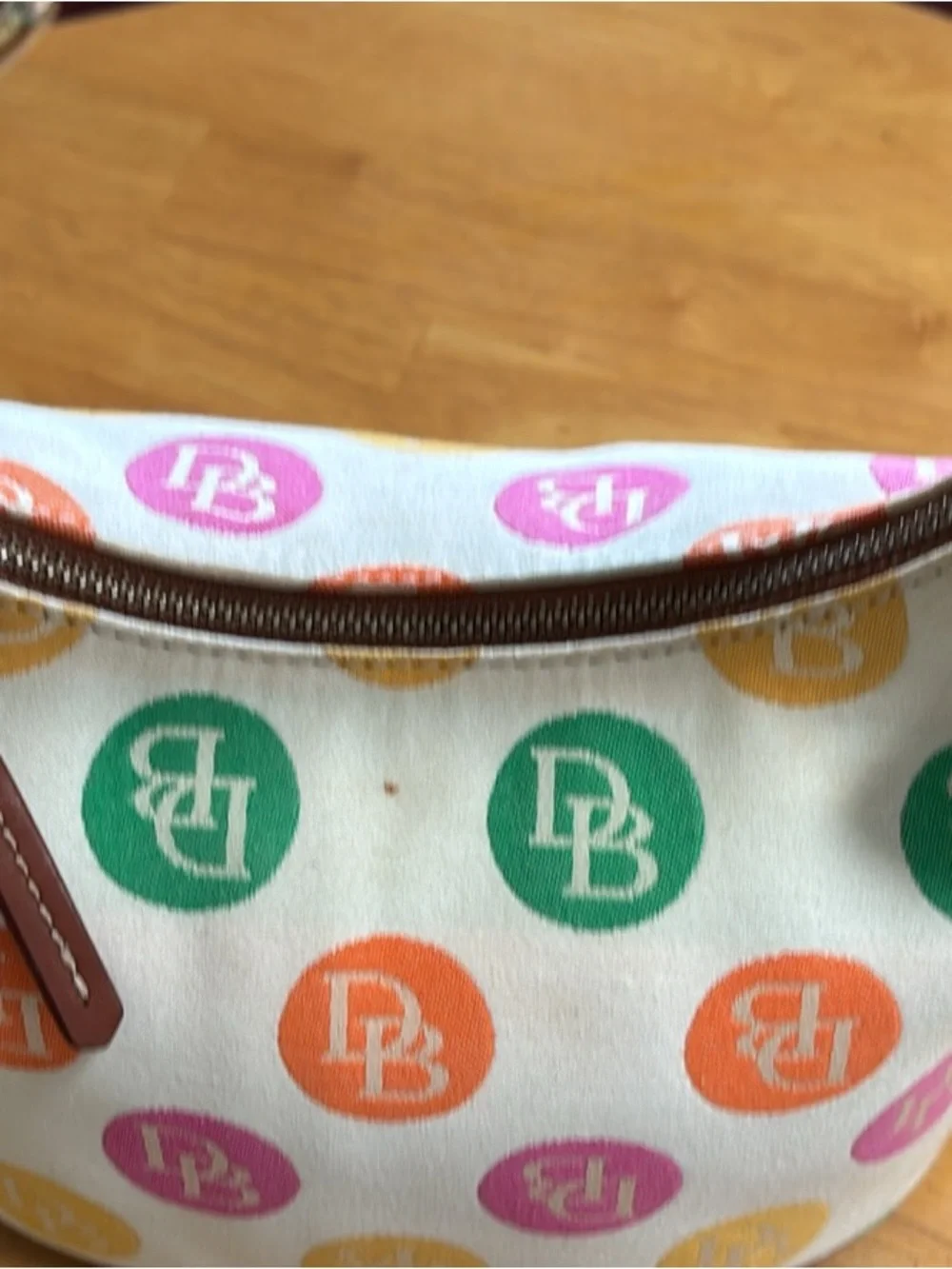 Dooney & Bourke Cream Multicolor Logo Hobo Bag with Brown Leather Strap